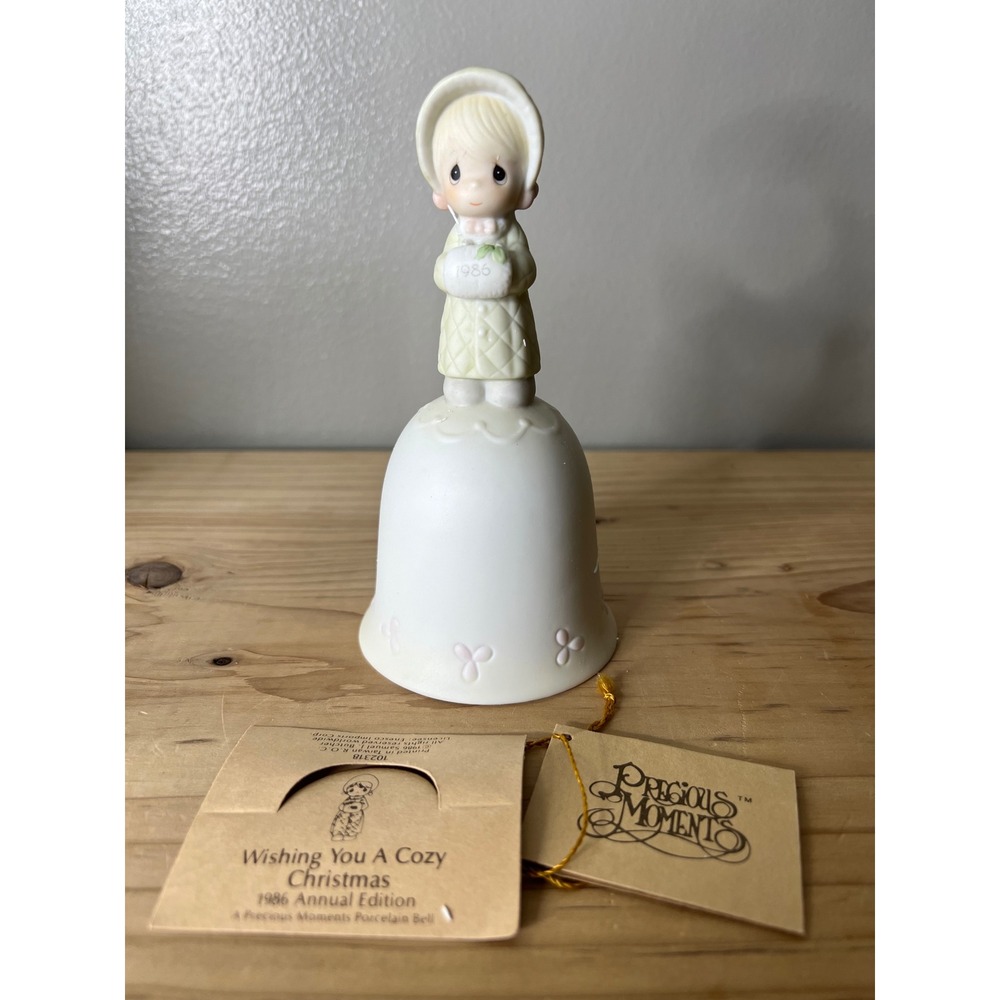 1986 Precious Moments "Wishing You A Cozy Christmas"  porcelain bell 80's